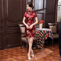 ดอกพลัมชุด Cheongsam สั้นปรับปรุงวินเทจพลัมชุดดอกไม้บางขนาดบวกชุด 3XL 4XL 5XL V723☒◇