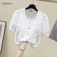 AMMIN เสื้อเชิ้ตผ้าชีฟองปักลายคอปกสี่เหลี่ยมแขนพองของผู้หญิงเสื้อคาร์ดิแกนแฟชั่นแบบบางใหม่สำหรับฤดูร้อน Atasan Sifon แขนสั้นสำนักงานลำลอง