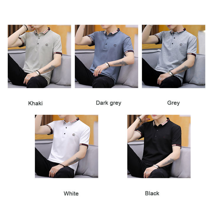 woma-เสื้อโปโลชาย-เสื้อโปโลลำลองผู้ชายธุรกิจปุ่มสีทึบปกแขนสั้นด้านบนสลิมฟิต