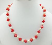 Pretty ! 6MM Natural Red Coral and Natural Pearl Necklace, Classic Bridesmaid Necklace 18"