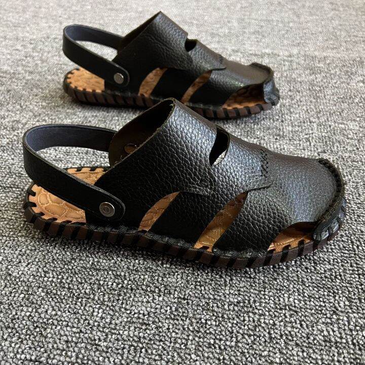 top-layer-cowhide-mens-summer-leather-sandals-new-slippers-breathable-soft-bottom-driving-shoes-beach-hand-sewn