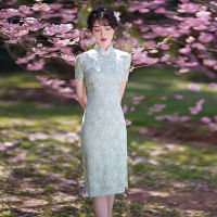 Cheongsam ฤดูร้อนหวานสีเขียวดอกไม้แขนสั้นชุดแฮนด์เมดปุ่มแบบดั้งเดิมวินเทจ Qipao S ถึง XXL