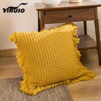 [FAZOZO Home Textile Store] YIRUIO นอร์ดิกวาฟเฟิล Pliad ขอบปลอกหมอนสีฟ้าสีขาวสีเบจสีเหลืองสีเทาสีส้มโซฟาเตียงปลอกหมอนอิงตกแต่งปลอกหมอน