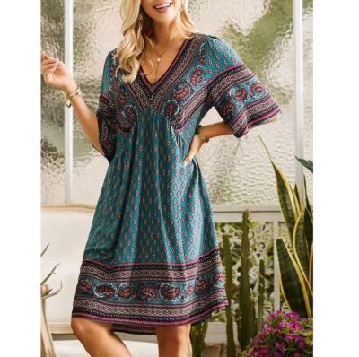 ♀ Vacation Ethnic Style Print V Neck Pullover Dresses Womens Half Sleeve Dressy Female 2023 Summer Daily Casual High Waist Skirt