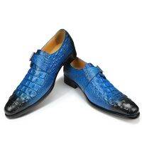 Leather Shoes Crocodile Pattern Classic Style Men‘s Loafers Wedding Business Buckle Strap Slip on Pointed Toe Black Blue