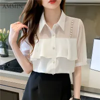 AMMIN Korean design sense of short-sleeved mesh stitching white chiffon shirt For women fashion sweet temperament top casual Blouse