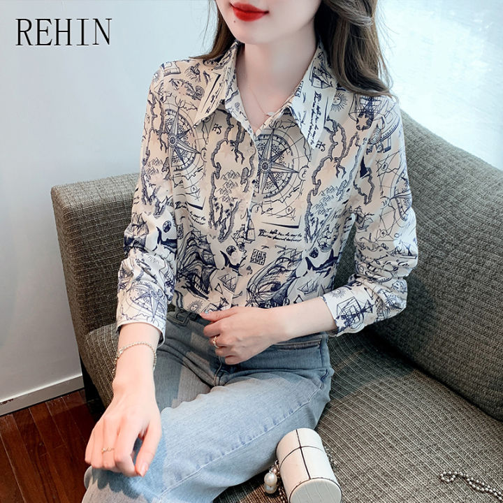 rehin-ผู้หญิงเสื้อแขนยาวฤดูใบไม้ร่วงออกแบบใหม่-niche-collision-retro-พิมพ์-lapel-ผ้าไหมหม่อน-elegant-เสื้อ