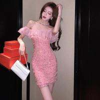 ใหม่งานหัตถกรรมสังคมลูกปัดผ้าชีฟองเงางามชุดเดรสเลื่อม Gaun Bahu Terbuka Birthday Party Dress Evening Dress 2023 Dress