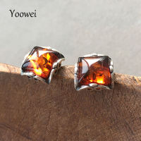 Yoowei 9mm Amber Earrings for Women Tiny Square Genuine 2021 New Optionals Natural Cognac Amber Stud Earrings Jewelry Wholesale