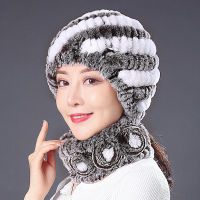 Winter Knitted 100 Natural Fur Hats Scarves Sets Women Warm Real Rex Rabbit Fur Hat Scarf Lady Fashiom Thick Rex Rabbit Fur Hat