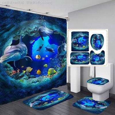【CW】ↂ  Fashion Sea Shower Curtain Set Non-Slip Toilet Lid Cover Polyester
