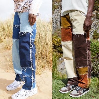 ✶ Fashion Men 39;s Casual Pants Casual Straight Tassel Patchwork Jeans Trousers Male Wash Splice Loose Hip Hop Denim Streetwear Y2k 【Hot selling】