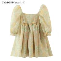 ☈☜ ocehrk Princesa amarelo floral impressão organza vestido de baile puff manga retro feminino swing vestidos curtos fadas festa robe