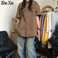 Zhu Xia เสื้อเชิ้ตแขนสั้นวินเทจสไตล์ญี่ปุ่นสำหรับผู้หญิง,เสื้อลำลองทรงหลวมดีไซน์มีปกเสื้อแขนสั้น