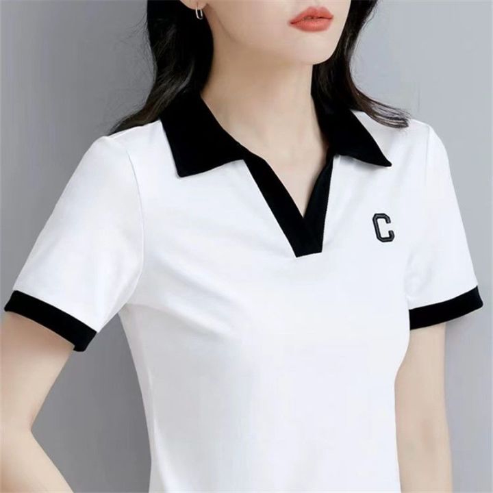 เสื้อยืดแขนสั้นผู้หญิง-เสื้อลำลองหลวมฉบับภาษาเกาหลีเสื้อโปโลเสื้อตัวใหญ่เสื้อตัวในเสื้อโปโลของผู้หญิง