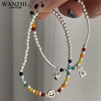 [HOT] WANZHI 925 Sterling Silver Bracelets for Women Fashion Couples Handmade Colorful Beads Simple Smiley Face Bracelet Party Jewelry