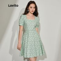 ℗ Lovito Casual Floral Puff Sleeve Square Neck Women Dress L45ED026 (Green)