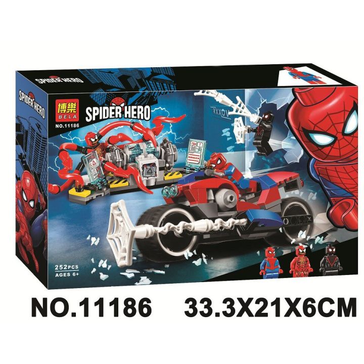 Lắp ráp xếp hình Non lego super heroes Bela 11186 : Người nhện minifigures  nhân vật spiderman và xe moto 252 mảnh 