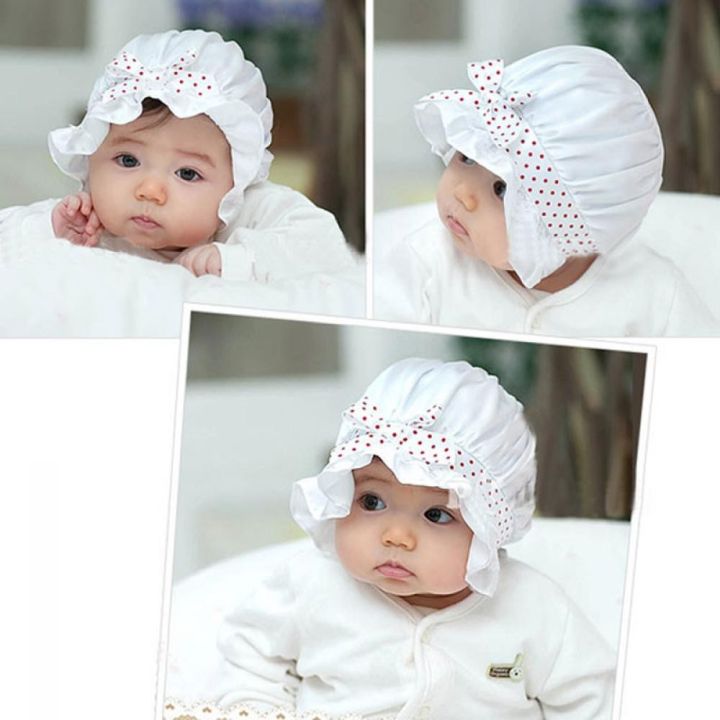 หมวกเด็กทารก-ลายจุดน่ารัก-สีขาว-สีชมพู