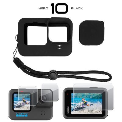 เคสซิลิโคนป้องกันสำหรับ GoPro Hero 10 9สีดำกระจกเทมเปอร์ Screen Protector Film Cap Cover สำหรับ Go Pro 10 9อุปกรณ์เสริม