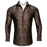 Barry.Wang 4XL Luxury Brown Paisley Silk Shirts Men Long Sleeve Casual Flower Shirts For Men Designer Fit Dress Shirt BY-0043