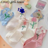 【♡Lovely girls house♡】1คู่ถุงเท้าสำหรับผู้หญิงญี่ปุ่นสไตล์เกาหลีการ์ตูนดอกไม้ลูกอมสีกลางหลอดถุงเท้าระบายอากาศสบายๆถุงเท้าสั้น