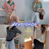 Zero shop?พร้อมส่ง? (Zero-81051)  เสื้อไหมพรม คอปก แขนสั้น ลายทางผ้านิ่มใส่สบายมาก