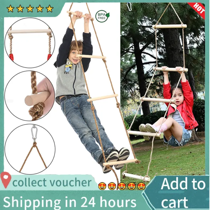 Kids Wooden Swing Seat Chair with Adjustable Ropes & 5 Rungs Climbing