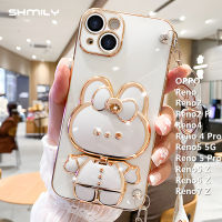 เคสโทรศัพท์ชุบโลหะด้วยไฟฟ้าสุดหรูสำหรับ OPPO Reno 4 Pro Reno5 5G Reno 5 Pro Reno5 Z Reno6 Z Reno7 Z Z เคสแฟชั่นกระต่ายผีเสื้อน่ารักตัวยึดกระจกแต่งหน้าซิลิโคนนิ่ม + เชือกยาว