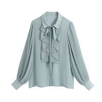 long pleated sleeve cascading ruffle bow tie office ladies blouse chic fashion female tops za 2020 women camisas femininas new