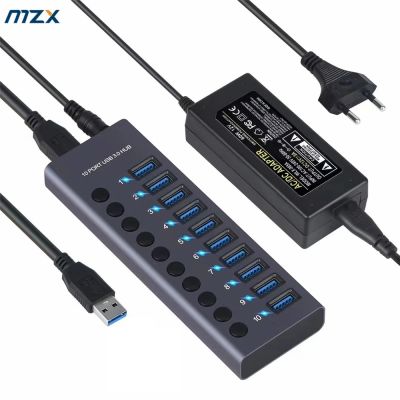 MZX 10 7 4พอร์ต USB อลูมิเนียมฮับ3.0เครื่องแยกอเนกประสงค์อย่างรวดเร็วอะแดปเตอร์ชาร์จไฟ PD ฮับขยายหลายตัวพร้อมสวิตช์สำหรับแล็ปท็อปฟีโอนา