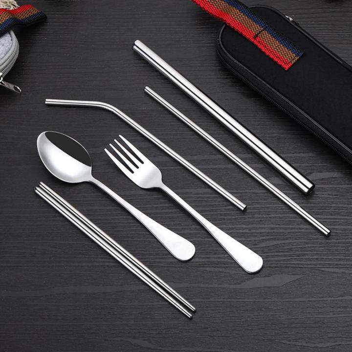 7pcs-stainless-steel-portable-tableware-set-knife-fork-spoon-chopsticks-straw-and-brush-products-travel-cutlery-set-flatware-sets