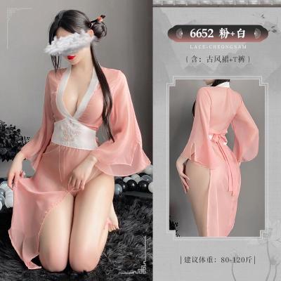 ชุดคอสเพลย์ Hanfu เซ็กซี่ชุดเดรสซีทรูเซ็กซี่ชุดชั้นในผู้หญิงสีชมพูสไตล์โบราณชุดชั้นในจีน V