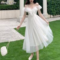 Summer Womens Sling Mesh Sleeveless Dress Fairy Temperament Medium V-neck Tutu Dress Sweet White Bow Knot Waist Dresses