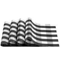 THLT1B 4 Pack Placemats, PVC Woven Vinyl Buffalo Check Table Mats Washable Non-Slip Heat Resistant for Kitchen Dinning Thanksgiving &amp; Christmas Table, Black and White