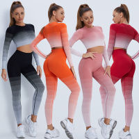 Women Seamless Yoga Set Gym High Waist Ombre Leggings T-Shirts Top Suit Long Sleeve Fitness Workout Sport Running Sportswear Set