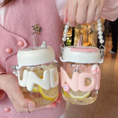 【JH】 cup female glass high-value double drink coffee portable straw cute new 2023 milk