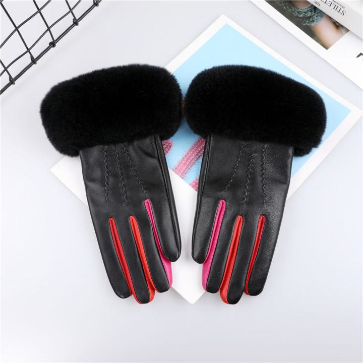 2021Europe Station High Quality Womens Winter Genuine Leather Gloves Mittens With Rex Rabbit Fur Cuffs Mitts
