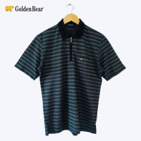 เสื้อโปโลคอปกผู้ชายแขนสั้น ลายทาง สีเขียวเข้มตัดดำ มือสอง แบรนด์ Golden Bear สไตส์วินเทจ