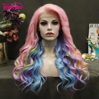 Imstyle Pink Mixed Wig Blue Purple Synthetic Lace Front Wig Natural Wavy Colorful Wigs For Women Party Heat Resistant Fiber Wig  Hair Extensions Pads