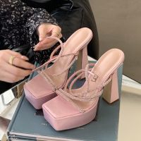 Eilyken CRYSTAL Extreme Square Heel Sandals Fashion Peep Toe Ankle Buckle Strap Platform Women Stripper Party Shoes