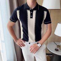 mens knitted short-sleeved Polo Korean style slim contrast lapel ice silk T-shirt light luxury British