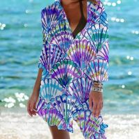 FN946N Summer casual women top Sexy Bohemian blusher women party shirt 3D print button pleated tunic bikini beach skirt