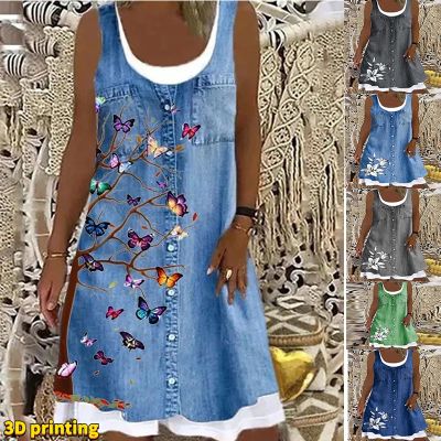 Womens A-Line Dress Fashion Floral Dot 3D Print Knee Length Dress Blue Sleeveless Spring Summer Casual Everyday Dress 2022