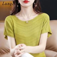 Luxqlo เสื้อถักผู้หญิงแขนแขนสั้นคอกลมลำลองทรงหลวมไซส์ใหญ่พิเศษเสื้อยืดสตรีเกาหลีแฟชั่นแบบใหม่ฤดูร้อน