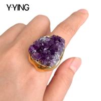 Y.YING Natural Amethsyts Druzy rough Cluster Freedom Shape Gold color Electroplated Ring Adjustable