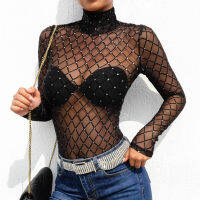 ผู้หญิงตาข่ายมุมมอง Fishnet Jumpsuit สีดำเชียร์แขนยาวคอเต่าสลิมฟิตบอดี้สูทเสื้อ