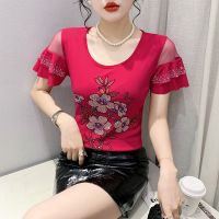 New 2023 Summer Short Sleeved Womens T-Shirt Fashion O-Neck Hot Diamond Elegant Slim Ruffles Mesh Tops Blusas