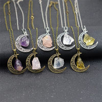 European&amp;American Fashion Hollow Moon &amp; Natural Stone Necklace Simple Original Handmade Bronze &amp; Ancient Chain Necklace