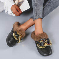 LazySeal Autumn Real Fur Metal Chain Mules Women Shoes Loafers Round Toe Casual Shoes Women Furry Slides Fluffy Hairy Flip Flops